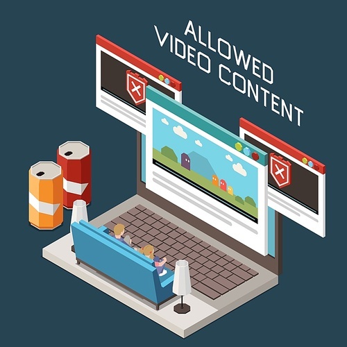 Parental web control isometric composition with blocked unwanted content children watching allowed cartoon on laptop vector illustration