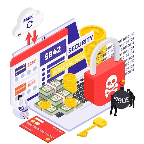 Personal data protection isometric composition  with credit card banknotes coins red padlock with skull icon vector illustration