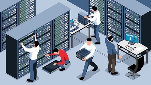 Sysadmins working at data center fixing problems with internet connection horizontal 3d isometric vector illustration