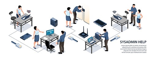 Sysadmin helping office worker fixing internet connection 3d isometric infographics vector illustration