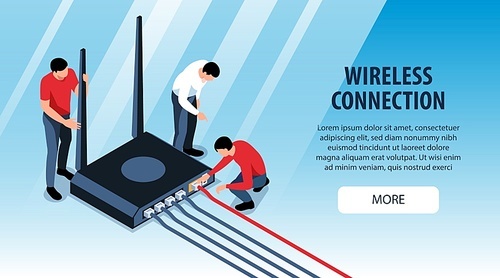 Isometric horizontal banner with three sysadmins fixing wireless internet router 3d vector illustration