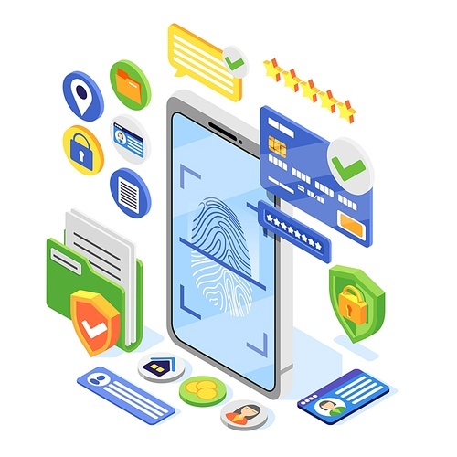 Personal data protection gdpr isometric composition with image of smartphone with fingerprint and credit card pictograms vector illustration