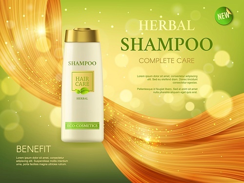 Herbal shampoo, woman health and beauty, hair care cosmetics vector ad banner. Bottle and shining blond strand, professional eco cosmetic lotion tube, beauty product advertising, realistic 3d template