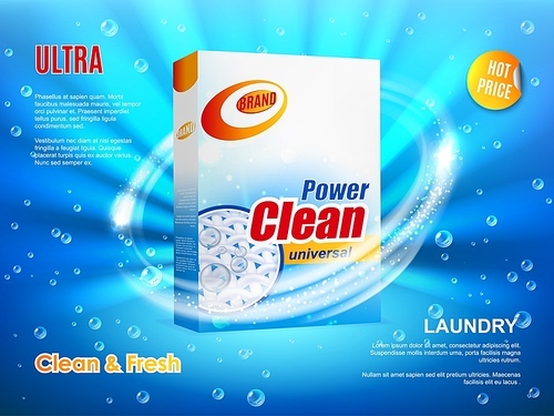 Washing powder packaging, vector ad poster design, realistic box with detergent for laundry ultra cleaning on blue background with water drops and sparking. Hot price offer advertising, product promo