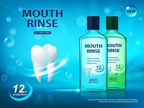 Mouth rinse, dental hygiene poster, vector ad for teeth and oral cavity cleaning. White healthy tooth, bottles with dental care product, mint flavour, anti bacterial, alcohol free plaque protection