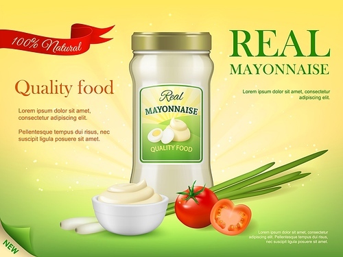 Glass jar of mayonnaise sauce. Natural mayonnaise promo banner template with realistic vector fresh tomatoes, onion or garlic, mayo sauce in white ceramic bowl and chicken eggs on glass bottle label