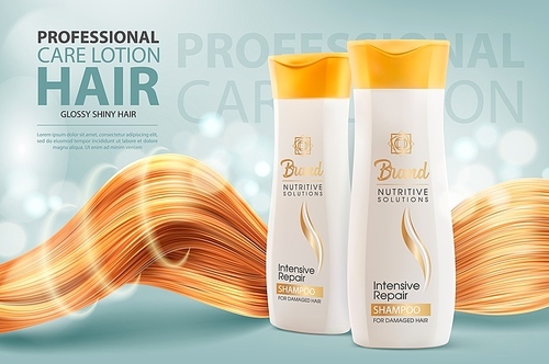 Hair shampoo or conditioner, cosmetic bottles and shining hair vector ad banner. Professional care lotion tubes for intensive repair. Cosmetics beauty product advertising, realistic 3d template