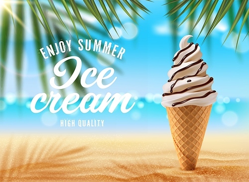 vanilla ice cream cone on palm beach. vector ad poster with realistic 3d icecream in waffle cup with chocolate topping stuck in sand with palm tree branch shadow on blurred seascape summer