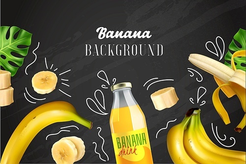 Banana colored background with realistic images of whole and chopped fruit and bottle with drink on chalkboard vector illustration