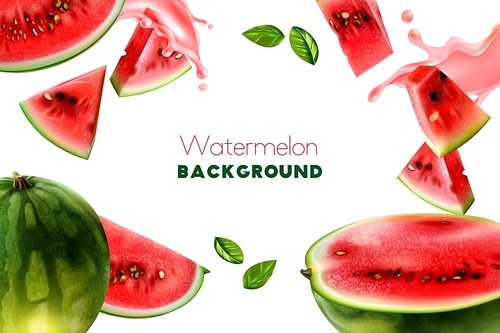 White background with frame consisting of red  ripe appetizing tasty watermelon pieces realistic vector illustration