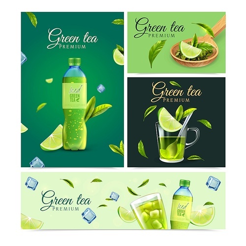 Premium green tea realistic banners set with plastic bottle glass green leaves and slice of lemon vector illustration