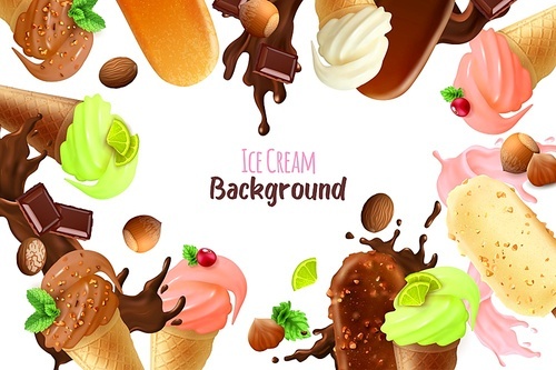 White background with frame consisting of different varieties and shapes of ice cream realistic vector illustration
