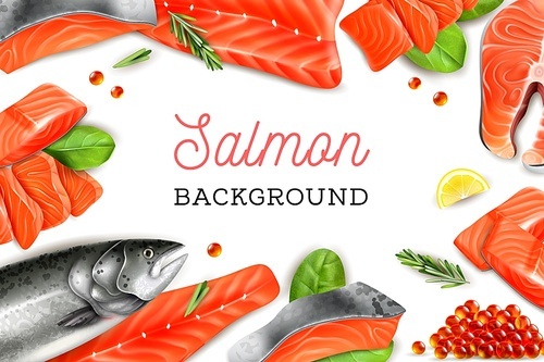 White background with frame consisting of   salmon pieces lemon slices sprig of rosemary and red caviar realistic vector illustration