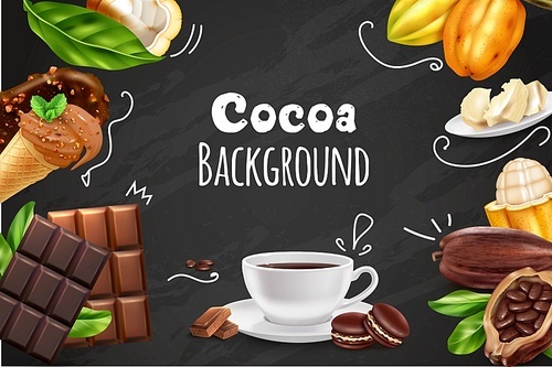 Cocoa colored background with realistic images of chocolate bar ice cream cone cacao beans cup of drink on chalkboard vector illustration
