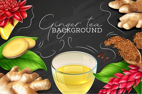 Ginger root leaves flowers lemon clove realistic black chalkboard background composition with glass hot tea vector illustration