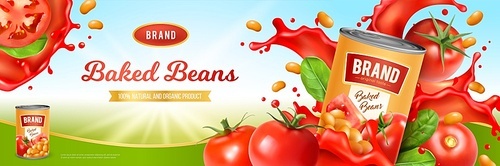 Tin of tasty baked beans on background with tomato sauce and green leaves realistic vector illustration