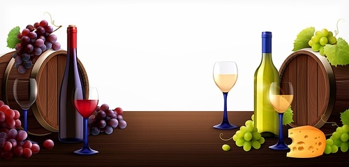 Barrels of wine on table composition with realistic images of wooden casks glass bottles and grapes vector illustration