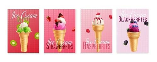 Raspberry kiwi strawberry blackberry sorbet ice-cream scoops in waffle cones 4 realistic advertising posters vector illustration