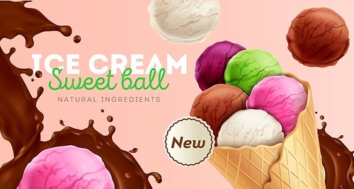 Ice cream sweet colorful balls with natural ingredients new dessert with chocolate splash realistic composition vector illustration