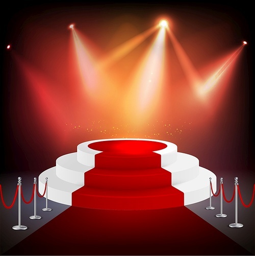 Isolated red carpet realistic composition with spotlights and pedestal or round podium vector illustration