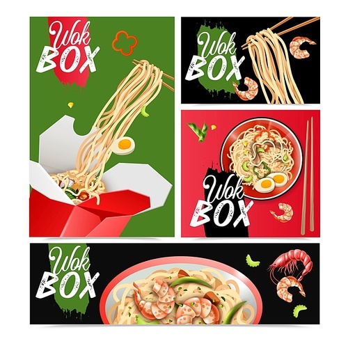 Chinese noodles 4 realistic advertising posters banners set with stir fry wok dishes vector illustration
