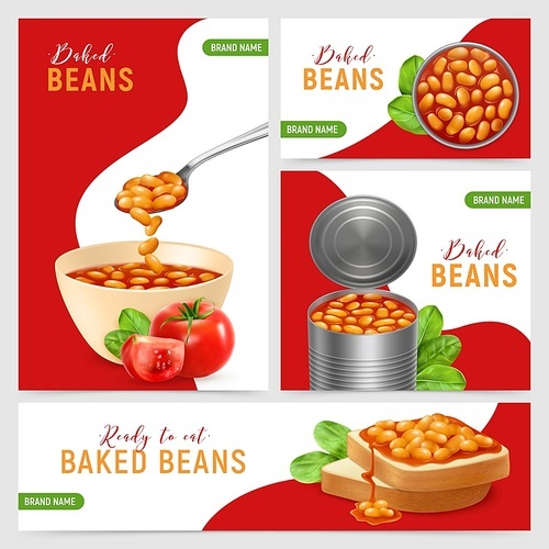 Set of four realistic banners with tin bowl and toast with baked beans in tomato sauce isolated vector illustration