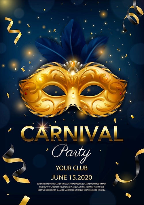 Realistic carnival mask vertical poster with carnival party headline date and venice mask vector illustration