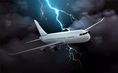 Airplane night storm realistic composition with image of passenger jet in thunderstorm clouds with thunderbolt image vector illustration
