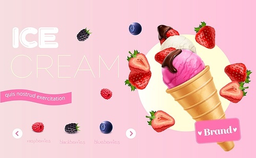 Delicious ice cream with fresh berries waffle cone dessert realistic composition advertising banner pink background vector illustration