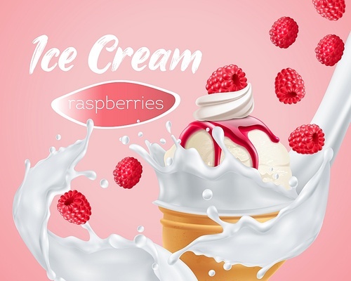 Delicious raspberry ice cream in whipped milk swirl close up summer dessert realistic advertising composition vector illustration