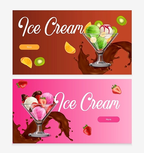 Natural fruit ice cream balls desserts with chocolate splash 2 realistic horizontal background web banners vector illustration