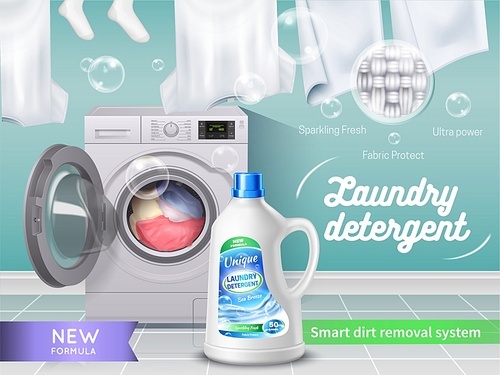 Laundry detergent realistic and colored banner with sparkling fresh fabric project ultra power descriptions vector illustration