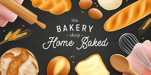 Realistic bread pastry ads horizontal poster background with editable ornate text surrounded by crumbs and bakery vector illustration