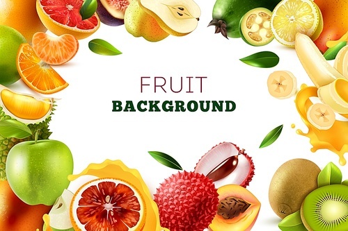 Realistic fruits frame with place at the center and big headline on white background vector illustration