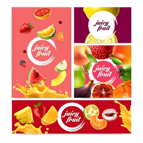 Four realistic fruits banner set round logo with the title in the center vector illustration