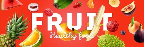 Horizontal colored and realistic fruits horizontal poster with fruit levitation and big headline vector illustration