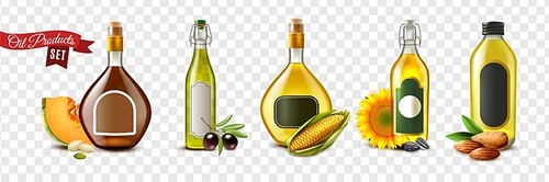 Realistic oil product transparent icon set with almond pumpkin seed olive corn and sunflower oils vector illustration