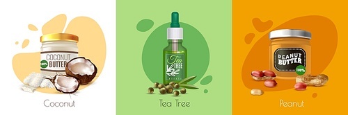 Colored realistic oil product design concept with coconut tea tree and peanut bottles of oil vector illustration