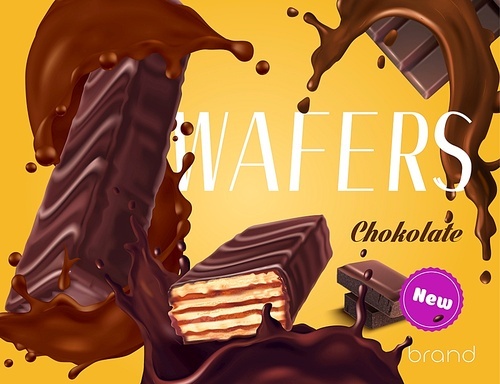 New wafer bars with dark chocolate topping realistic advertisement vector illustration