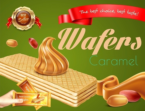 Delicious caramel wafers with nuts realistic advertisement on green background vector illustration