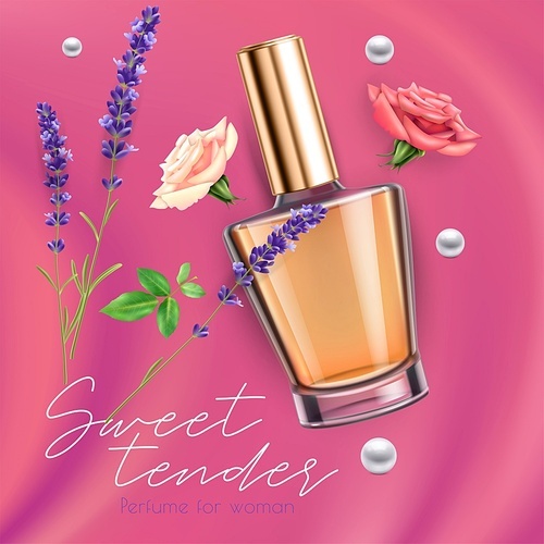 Realistic advertisement with bottle of female sweet rose perfume on pink background vector illustration