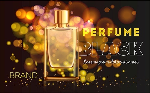 Golden bottle of perfume on dark sparkling background realistic advertisement vector illustration