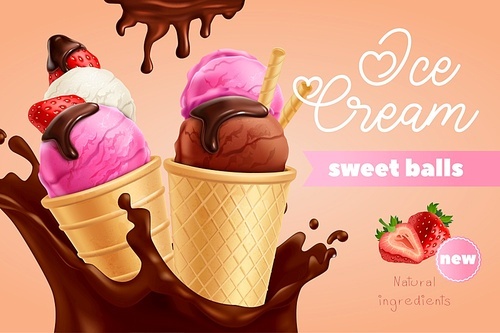 Strawberry ice cream sweet balls dessert with natural ingredients in chocolate splash realistic advertising composition vector illustration