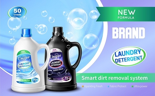 Laundry detergent realistic banner with smart dirt removal system headline brand name and green ribbon vector illustration