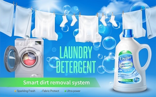 Laundry detergent realistic horizontal banner with laundry detergent headline bottle of washing liquid and washing machine vector illustration