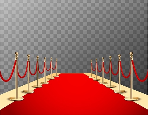 Red carpet realistic colored composition with red event carpet barrier and transparent background vector illustration