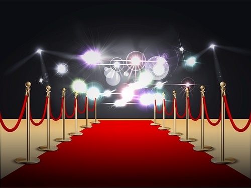 Red carpet colored and realistic composition with flashlights at the end of the carpet vector illustration
