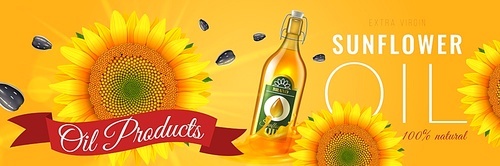 Realistic oil product horizontal poster with big sunflower ribbons and bottle of oil vector illustration