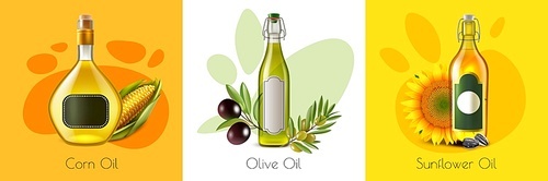 Isolated realistic oil product design concept with corn olive and sunflower oils mockup vector illustration