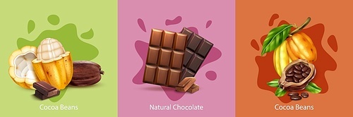 Natural cocoa chocolate and beans colored design concept realistic isolated vector illustration